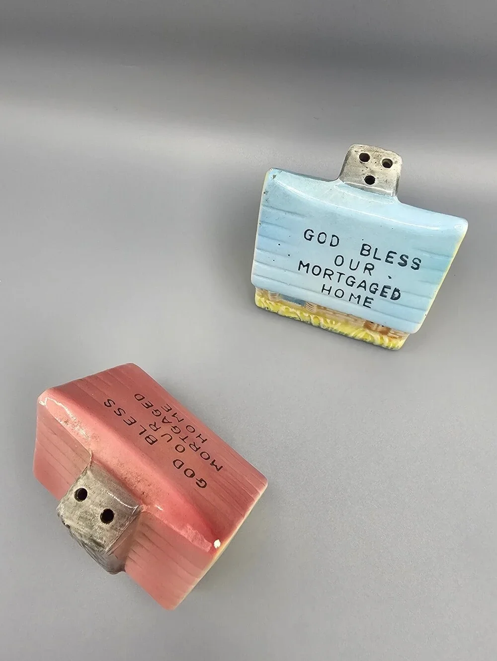 Vintage Ceramic Salt and Pepper Shakers - God Bless Our Mortgaged Home